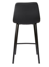 A modern black bar stool with a padded upholstered seat and four slim metal legs, shown against a plain white background.
