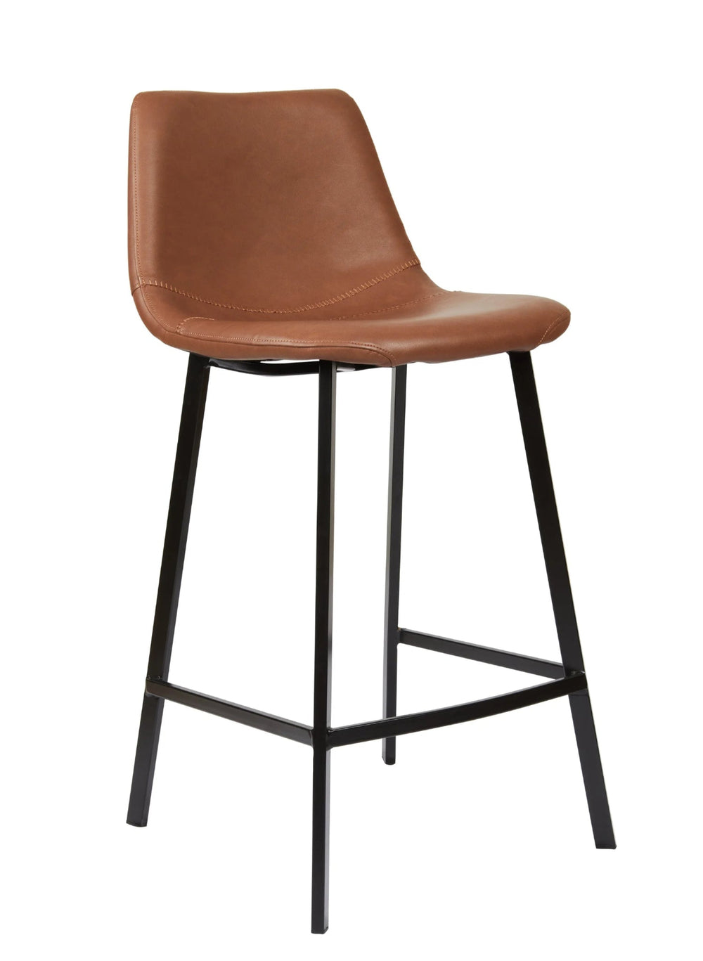 A modern counter stool with a curved backrest and seat upholstered in warm brown leather, supported by a slim black metal frame with four legs and a front support bar, shown on a plain white background.