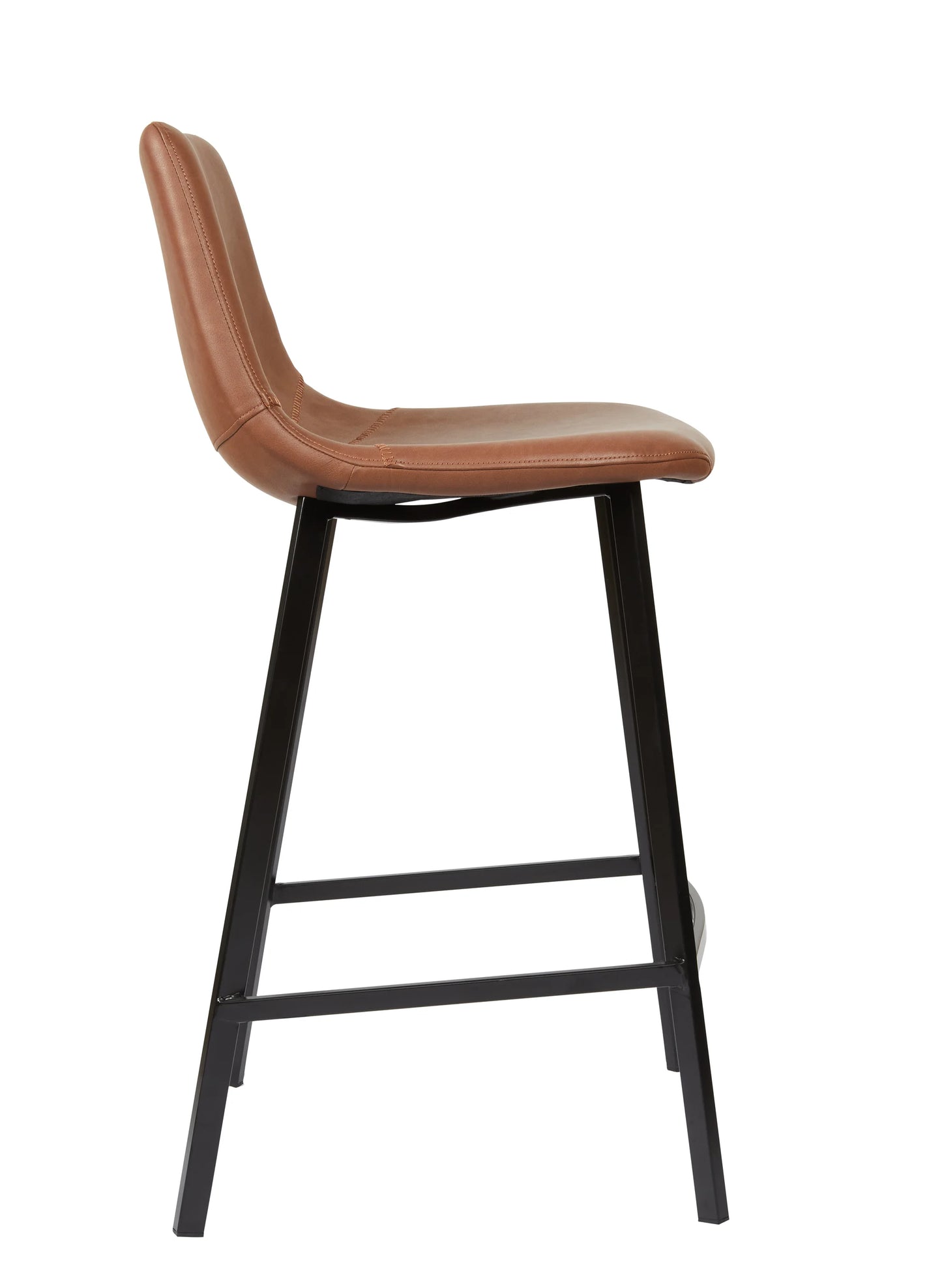 A modern counter stool with a curved back and seat upholstered in tan leather, supported by a black metal frame with a footrest, shown against a plain white background.