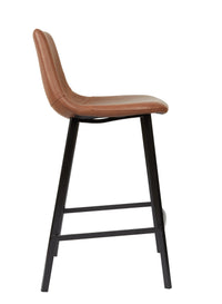 A modern counter stool with a curved back and seat upholstered in tan leather, supported by a black metal frame with a footrest, shown against a plain white background.