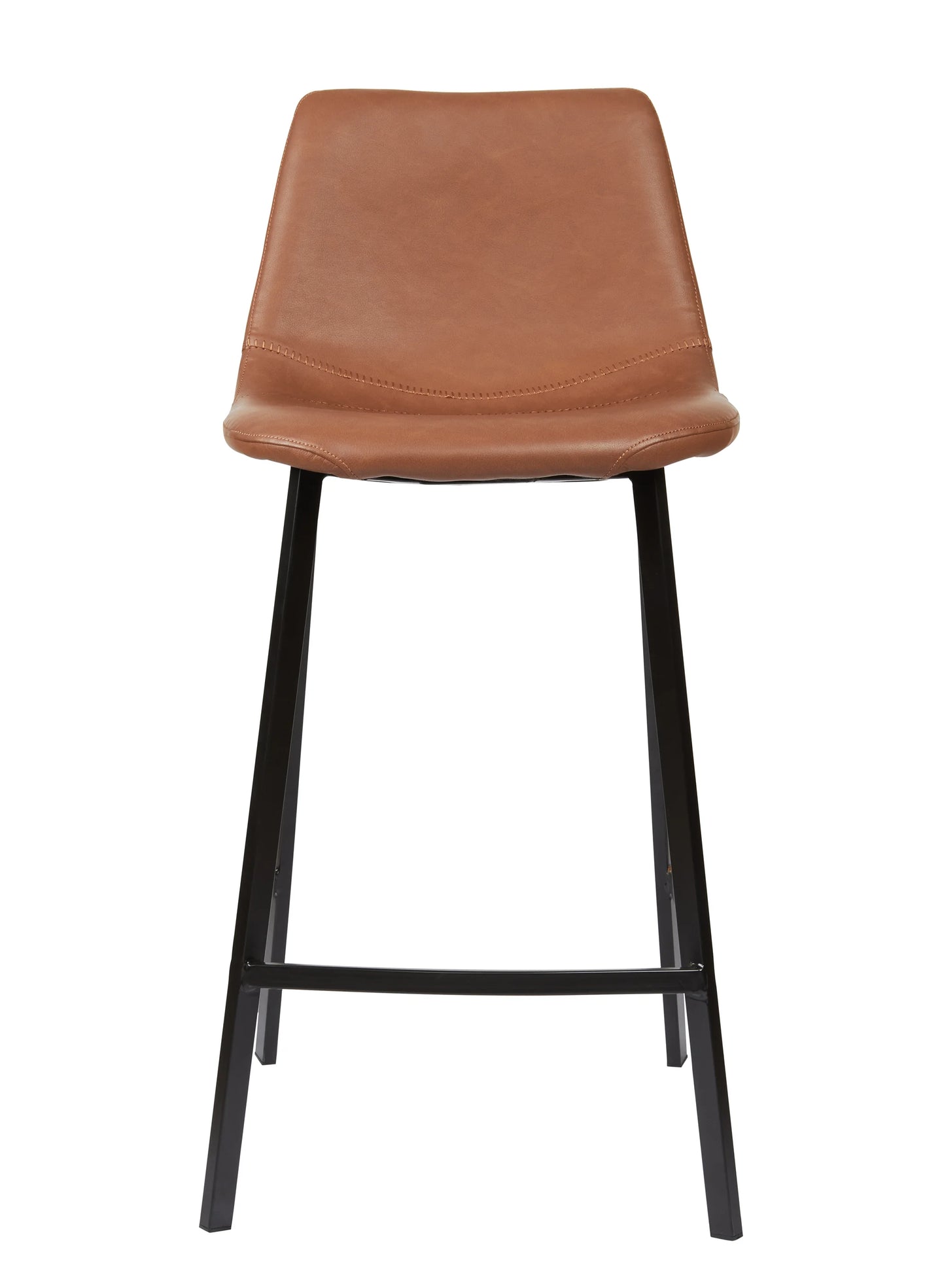 A modern counter stool with a curved backrest upholstered in warm tan-brown leather or faux leather, supported by four slim black metal legs and a front support bar, isolated on a white background.