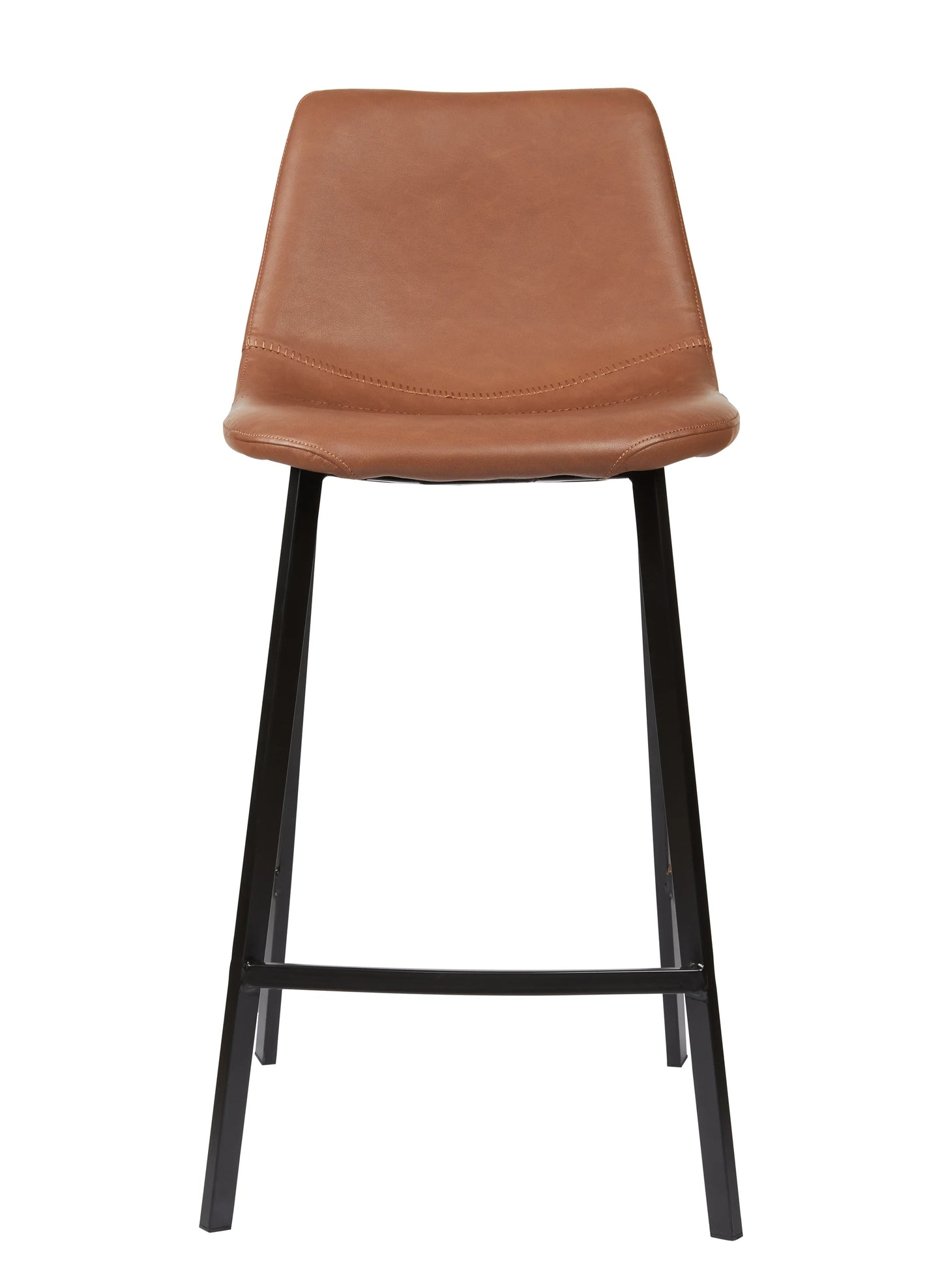 A modern counter stool with a curved backrest upholstered in warm tan-brown leather or faux leather, supported by four slim black metal legs and a front support bar, isolated on a white background.