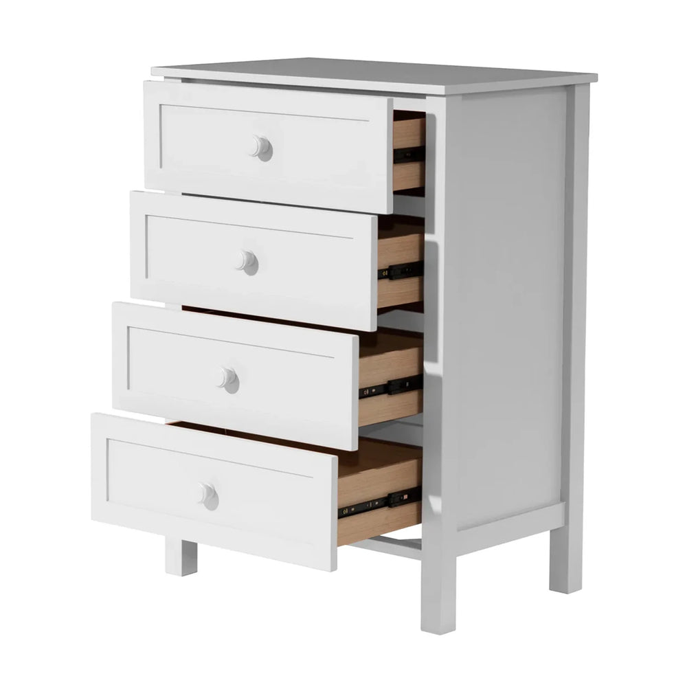 A white 4-drawer nightstand with two of the drawers pulled open to show wooden interiors, set against a plain white background.