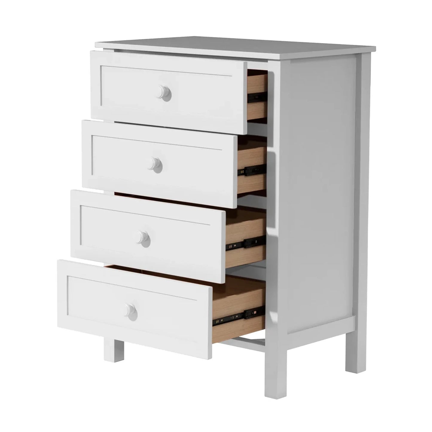 A white 4-drawer nightstand with two of the drawers pulled open to show wooden interiors, set against a plain white background.