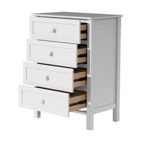 A white 4-drawer nightstand with two of the drawers pulled open to show wooden interiors, set against a plain white background.