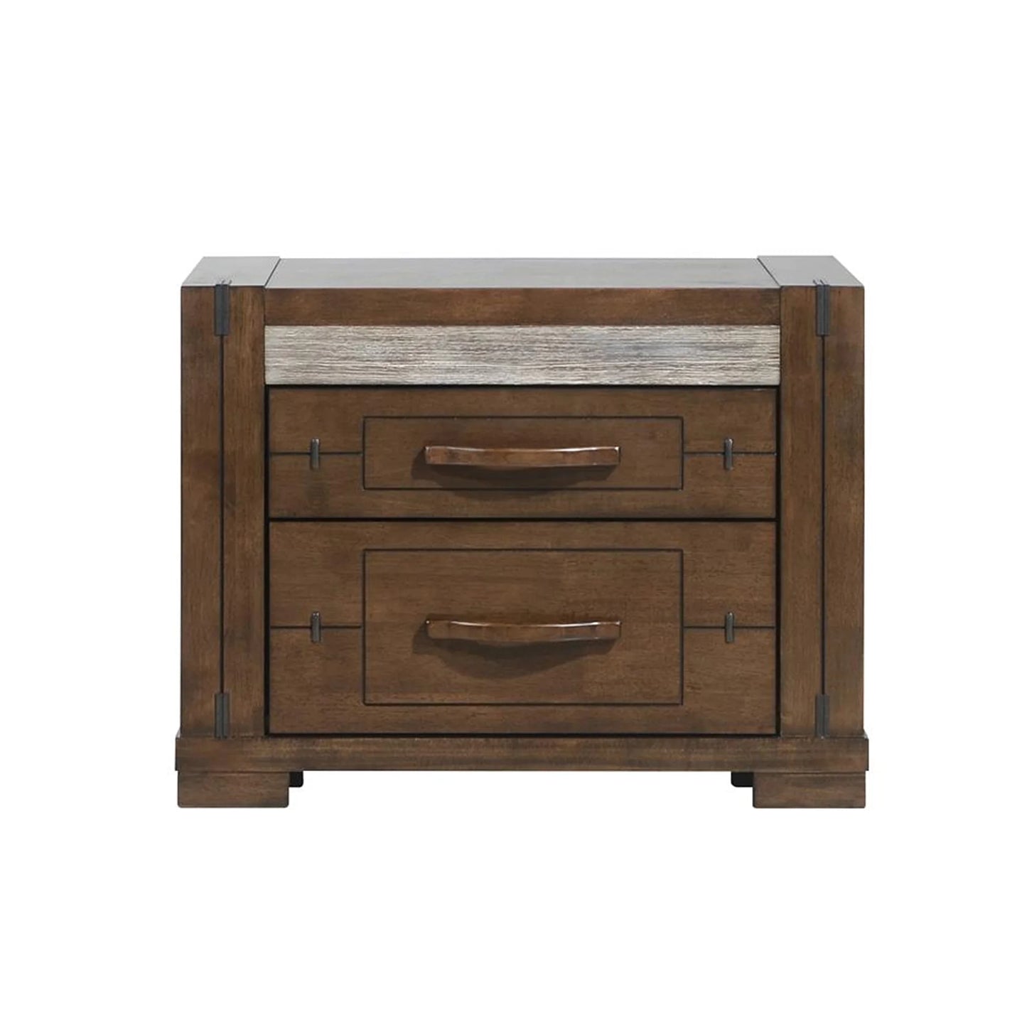 A rustic two-drawer nightstand in medium brown wood with a light gray distressed horizontal panel on the top drawer front and dark metal corner and drawer pull accents, shown on a plain white background.