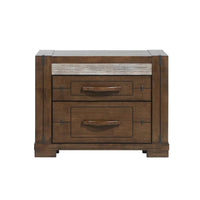 A rustic two-drawer nightstand in medium brown wood with a light gray distressed horizontal panel on the top drawer front and dark metal corner and drawer pull accents, shown on a plain white background.