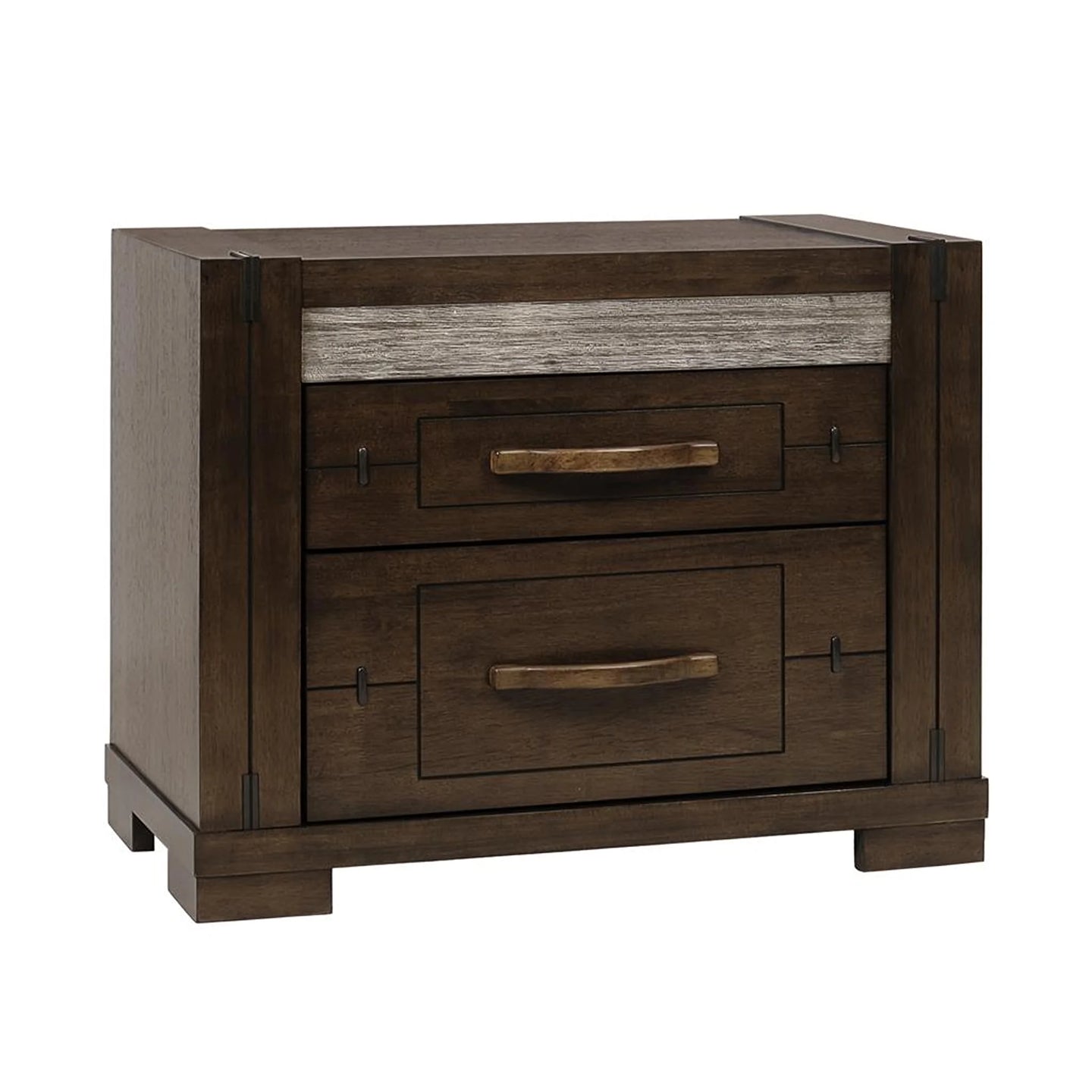 A rustic two-drawer nightstand in dark brown wood with a weathered gray horizontal accent panel on the front and distressed brass-toned drawer pulls, shown on a plain white background.