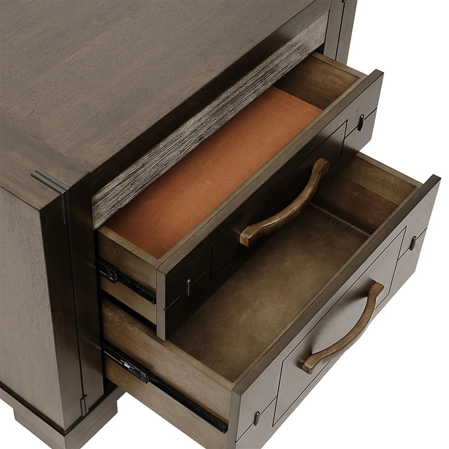 A close-up of a dark brown wooden dresser or cabinet with two drawers pulled open, showing the interior wood grain and curved metal drawer pulls against a white background.