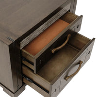 A close-up of a dark brown wooden dresser or cabinet with two drawers pulled open, showing the interior wood grain and curved metal drawer pulls against a white background.
