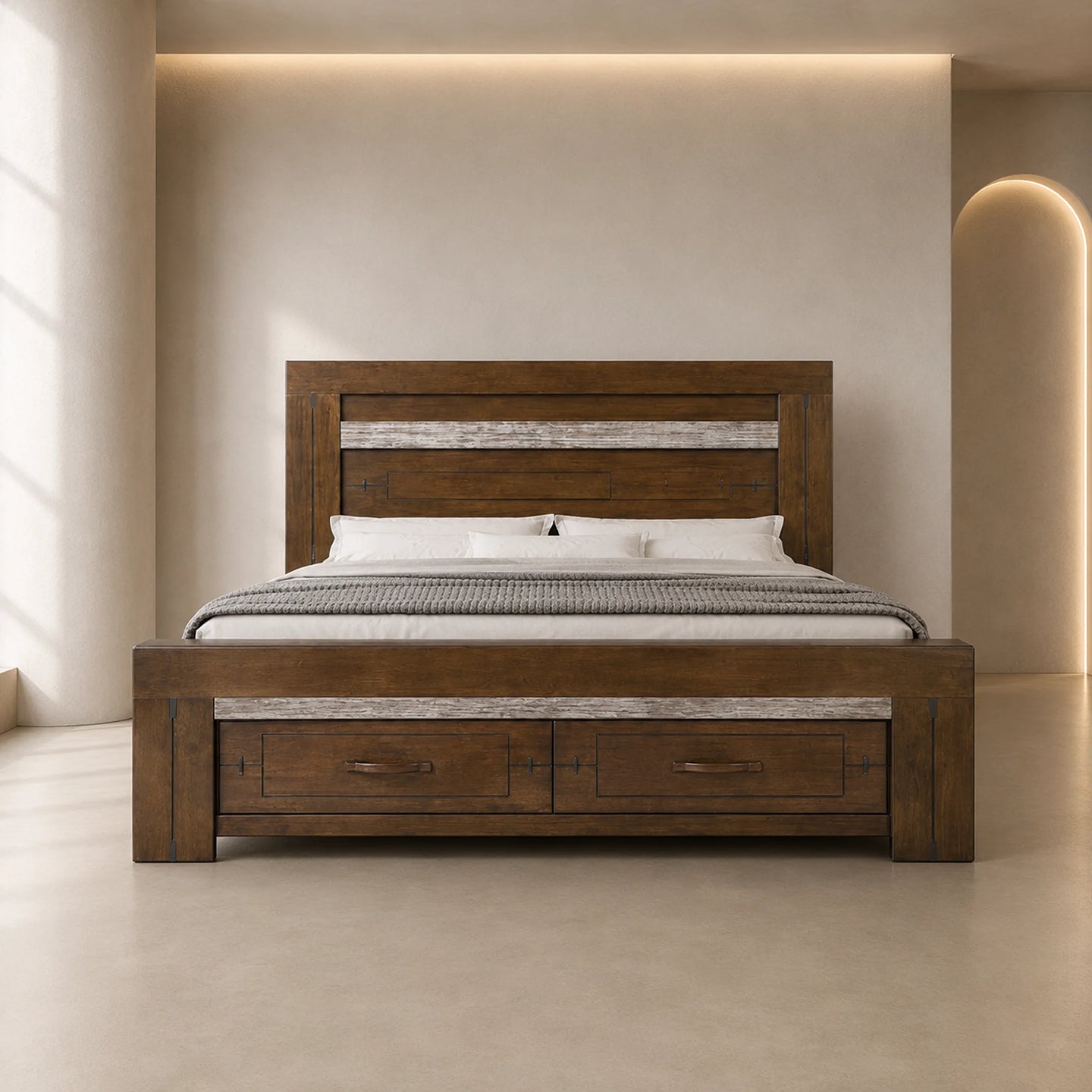 A rustic brown wooden bed frame with a headboard and footboard, featuring distressed gray wood inlay panels and built-in storage drawers on the base. The bed is styled with white bedding and pillows, set against a minimalist beige wall with warm ambient lighting.