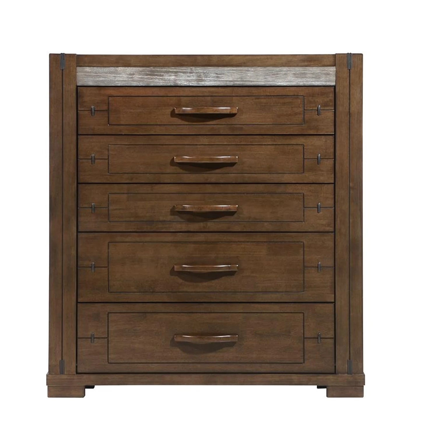 A five-drawer wooden chest of drawers in a medium brown finish, featuring a rustic distressed wood panel on the top shelf and dark metal drawer pulls, shown against a plain white background.