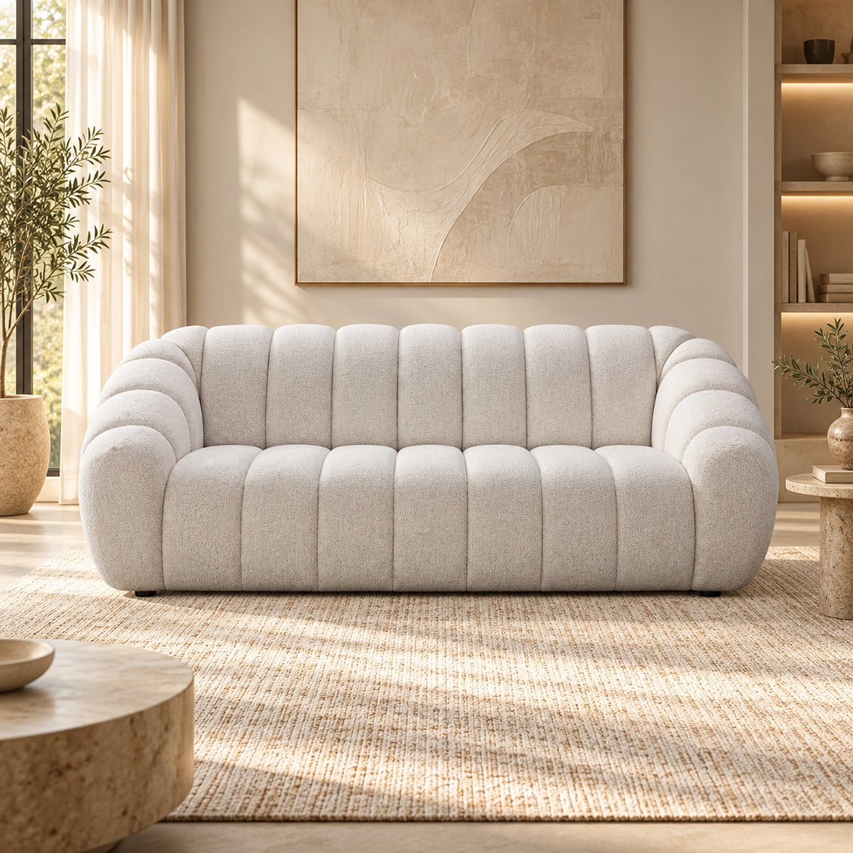 Kenya Beige 3 seater sofa with curved low-profile design, slanted arms and vertical panel detailing, front view