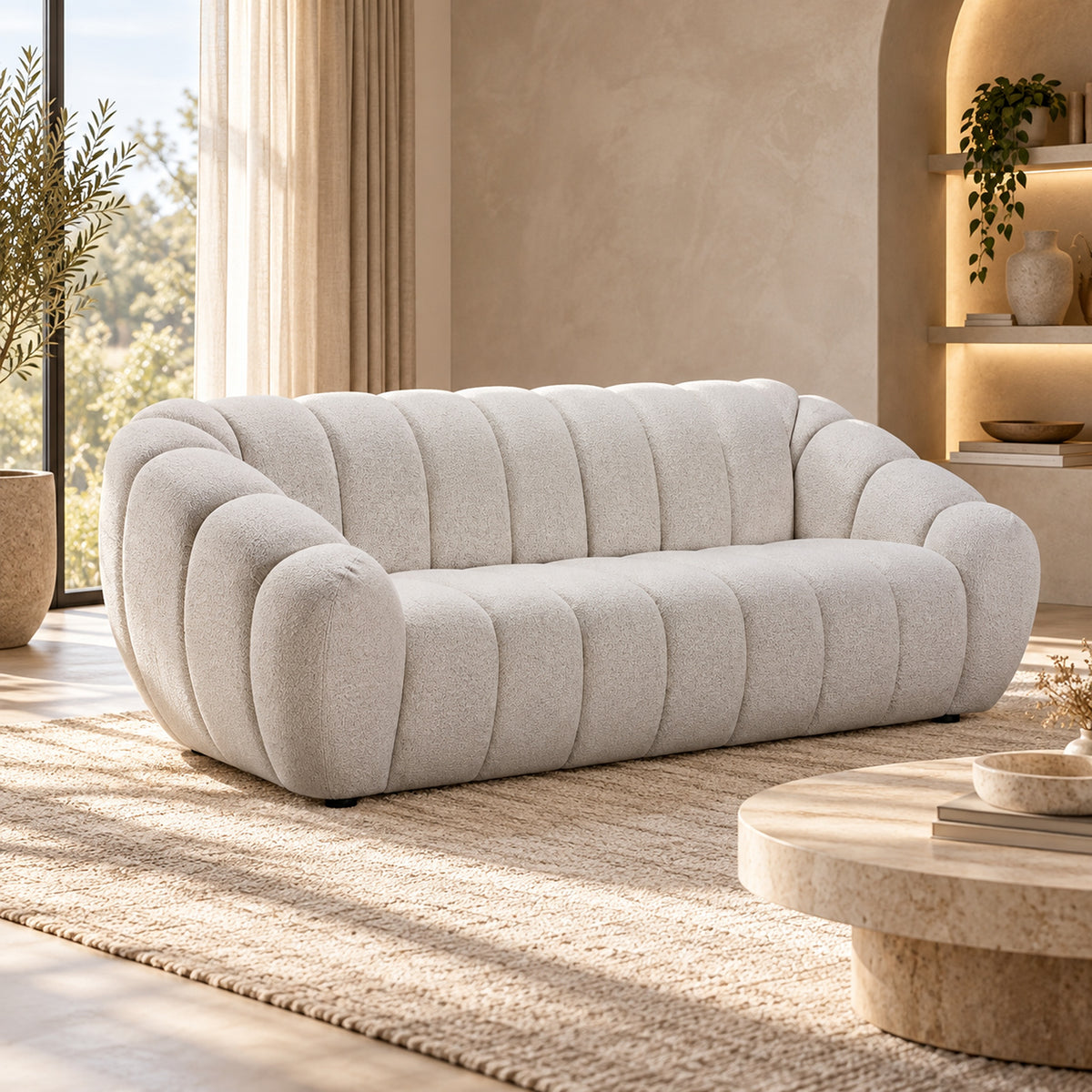 Kenya Beige 3 seater sofa with curved low-profile design, slanted arms and vertical panel detailing, angled view