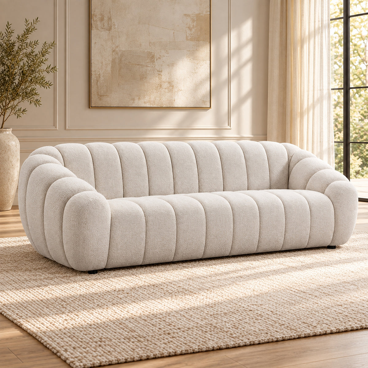 Kenya Beige 4 seater sofa with curved low-profile design, slanted arms and vertical panel detailing, angled view