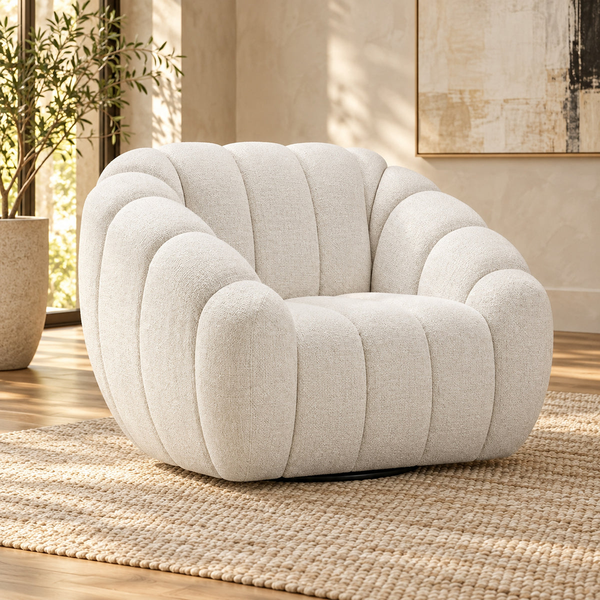 Kenya Beige swivel armchair with curved low-profile design, slanted arms and vertical panel detailing, angled view