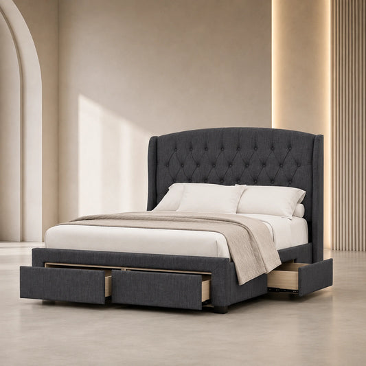 Kingston Dark Grey Fabric Storage Bed Frame with 4 Drawers - KING