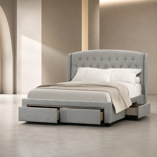 Kingston Light Grey Fabric Storage Bed Frame with 4 Drawers - KING