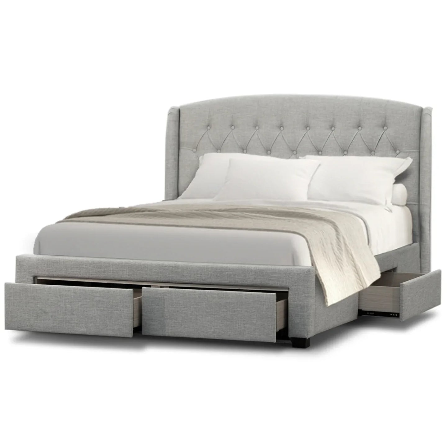 Gray upholstered bed with tufted headboard and storage drawers on a white background
