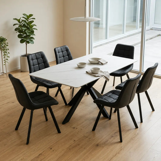 Lazio 7 Piece Ceramic Dining Suite with Snow White Table & Black Chairs