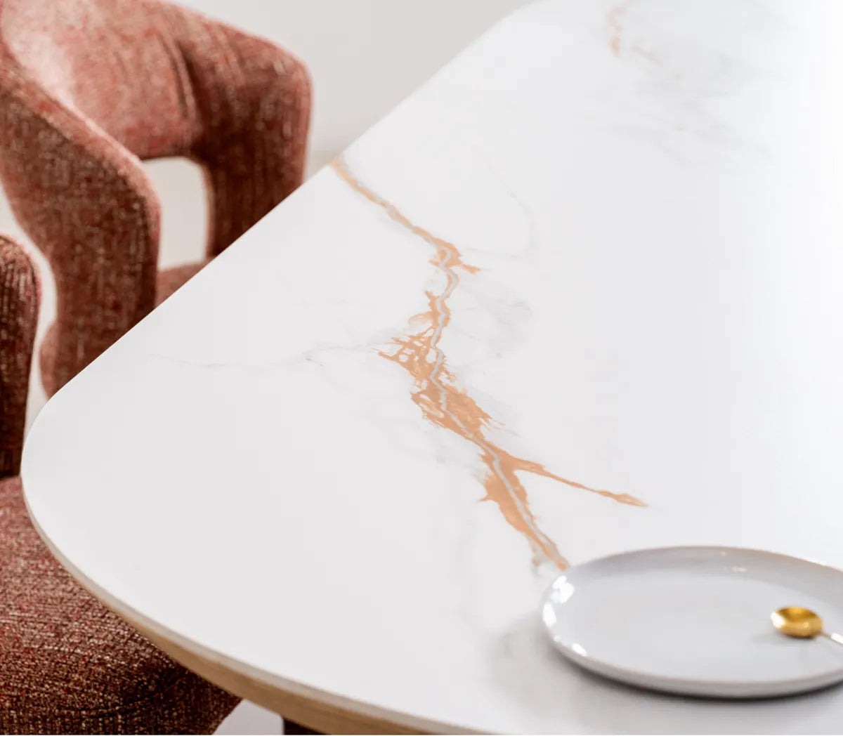 Lucerne natural ceramic dining table with matte white ceramic top detail