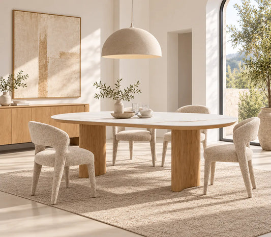 Lucerne natural ceramic dining table with matte white ceramic top and curved white oak veneer legs, angled view