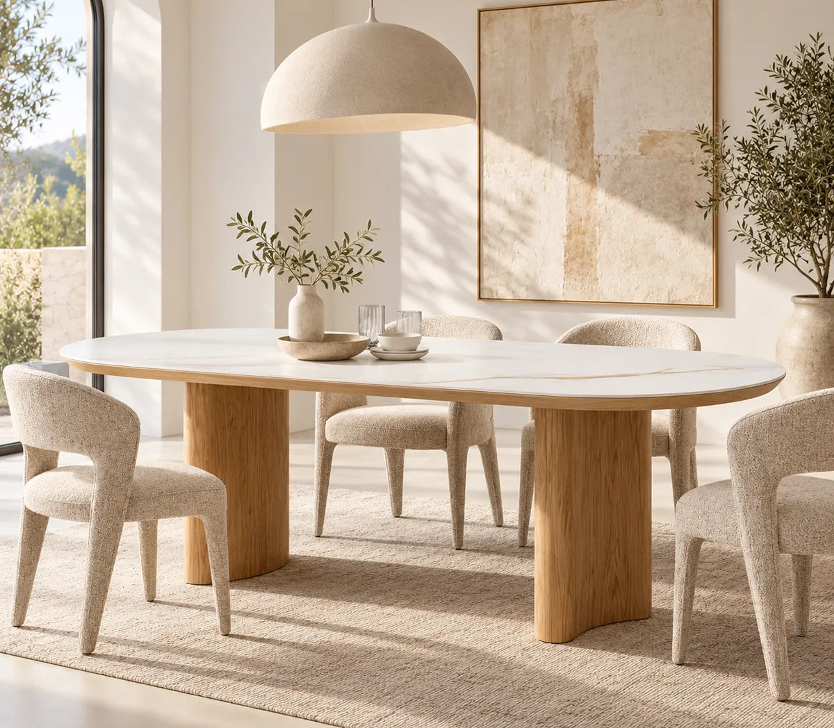Lucerne natural ceramic dining table with matte white ceramic top and curved white oak veneer legs, angled view