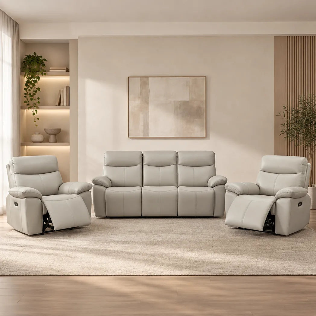 Marco Silver leather 3+1+1 electric recliner suite with three seater sofa and two recliner chairs, front view