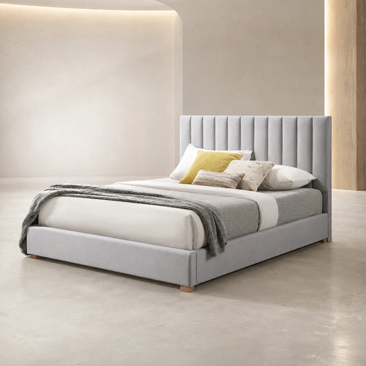 Marcus Light Grey Velvet-Look Fabric Bed Frame - QUEEN
