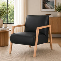 Black armchair with wooden frame in a living room setting