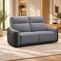Momba Grey 2 seater electric recliner lounge with two-tone fabric, curved arms and supportive high backrests, angled view