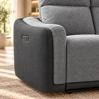 Momba Grey 2 seater electric recliner lounge with two-tone fabric, curved arms and supportive high backrests, close up view