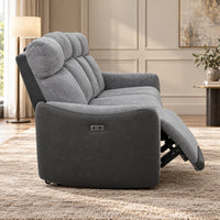 Momba Grey electric recliner lounge side view showing extended footrest, curved arm and electric recliner controls, side view