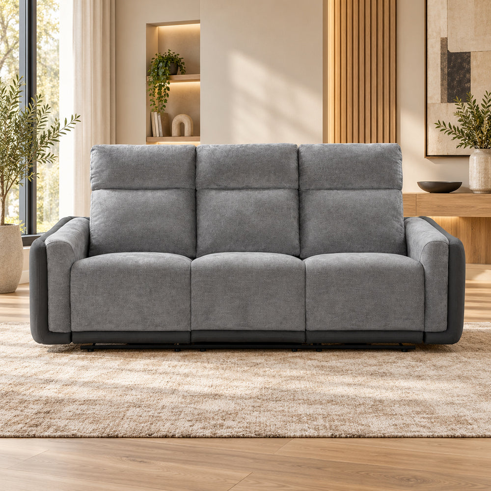 Momba Grey 3 seater electric recliner lounge with two-tone fabric, curved arms and high backrests, front view
