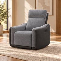 Momba Grey single seater electric recliner chair with two-tone fabric, curved arms and supportive high backrest, angled view