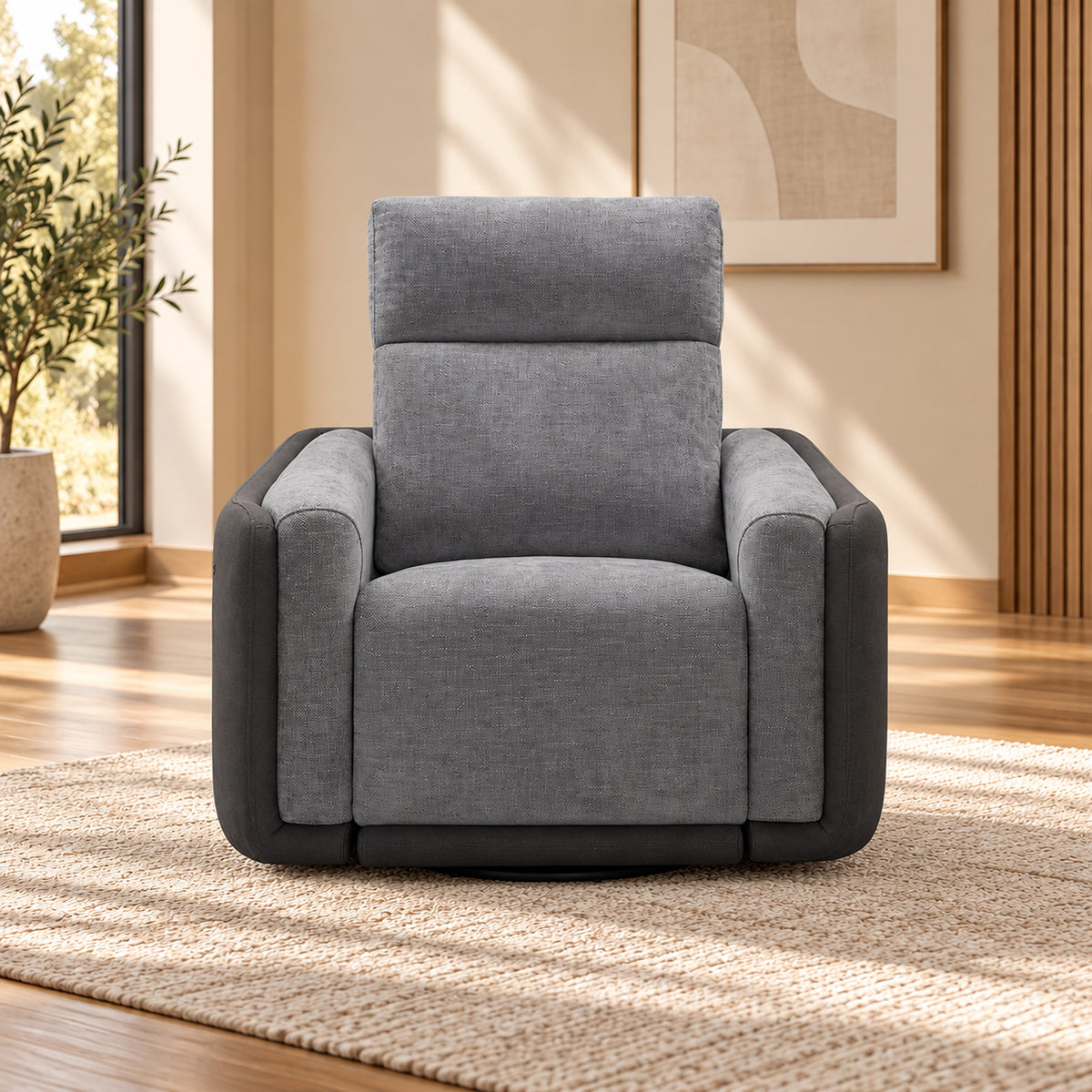 Momba Grey single seater electric recliner chair with two-tone fabric, curved arms and supportive high backrest, front view