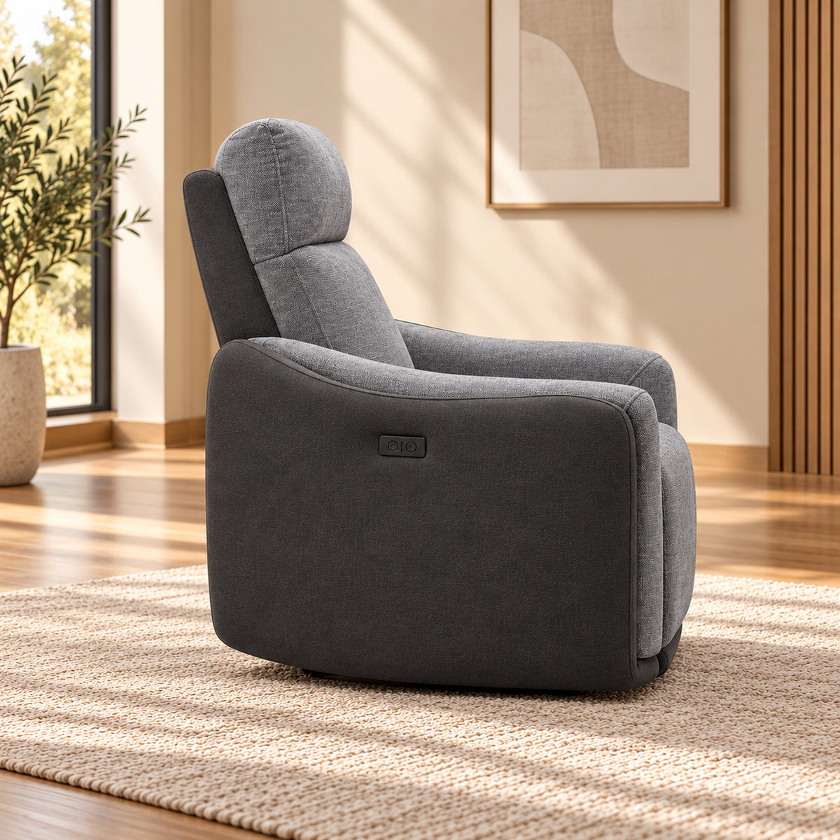 Momba Grey single seater electric recliner chair with two-tone fabric, curved arms and supportive high backrest, side view