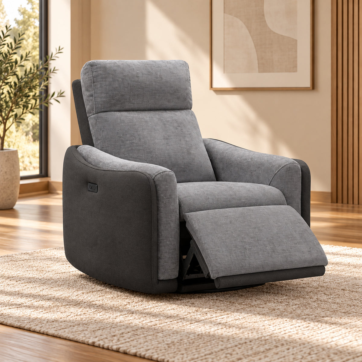 Momba Grey single seater electric recliner chair with two-tone fabric, curved arms and supportive high backrest, angled view
