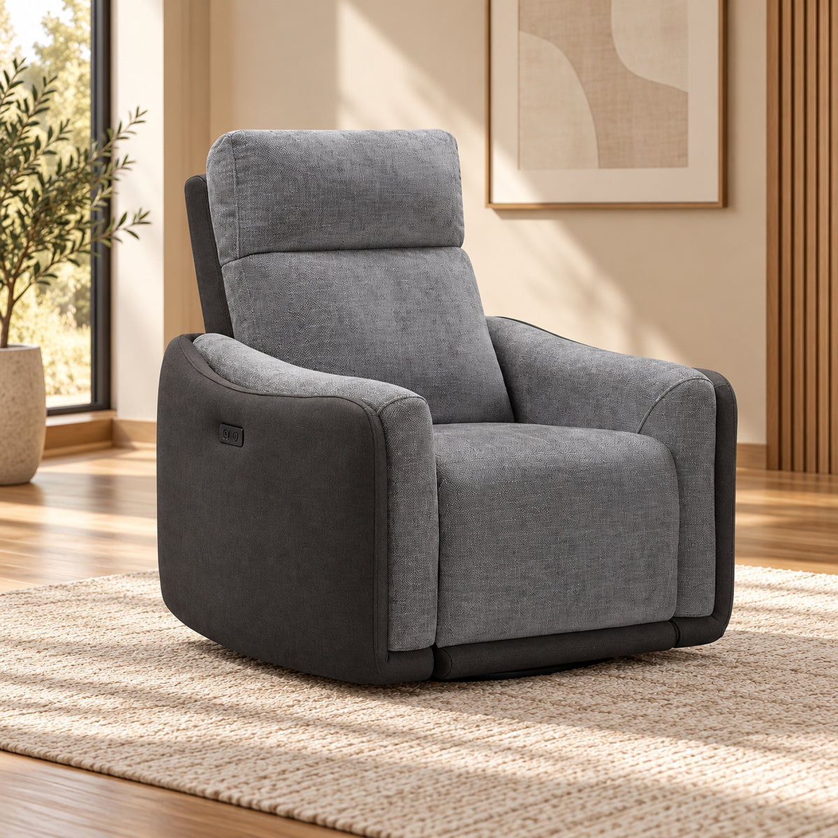 Momba Grey single seater electric recliner chair with two-tone fabric, curved arms and supportive high backrest, angled view