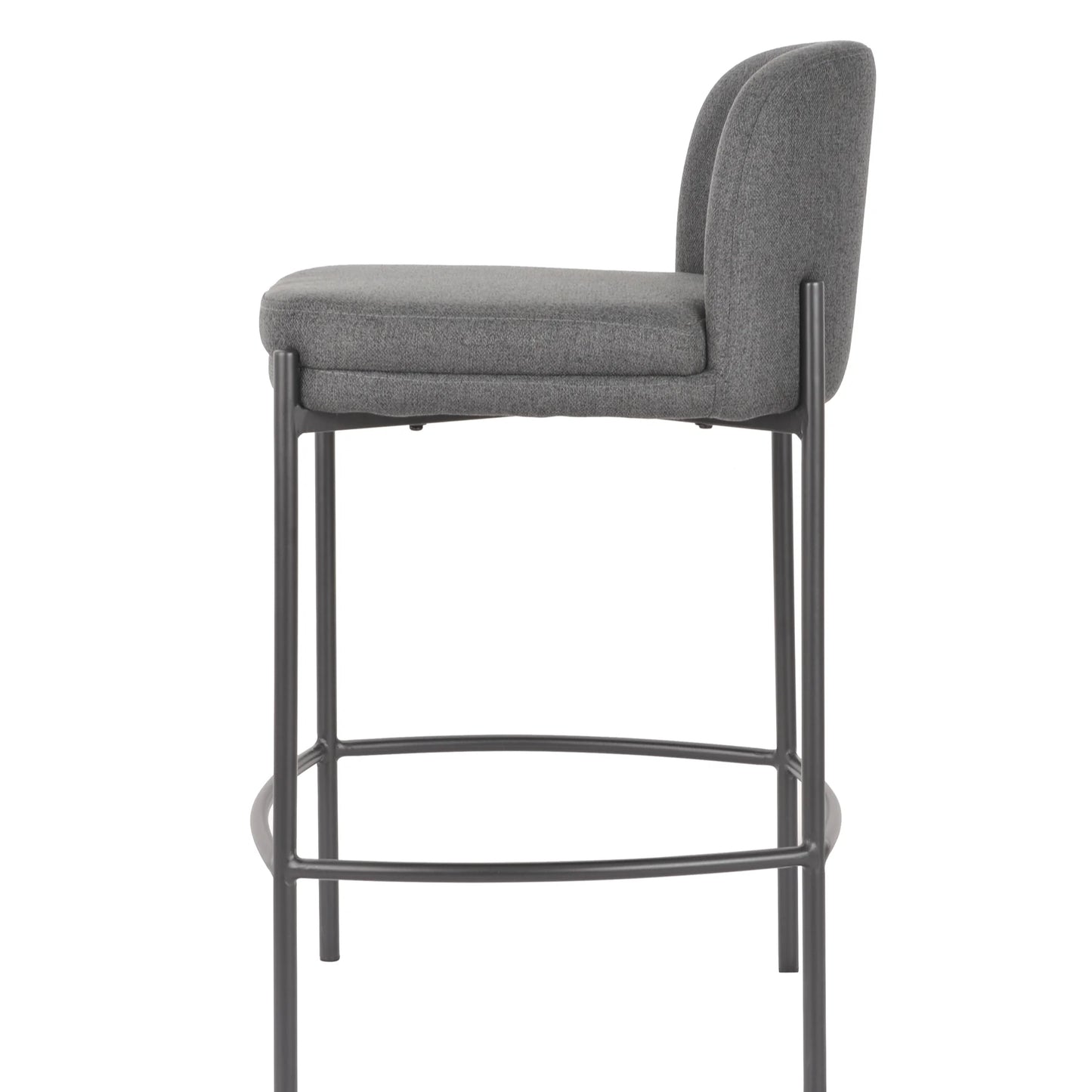 A modern bar stool with a gray upholstered seat and curved backrest, supported by a slim black metal frame with a footrest.