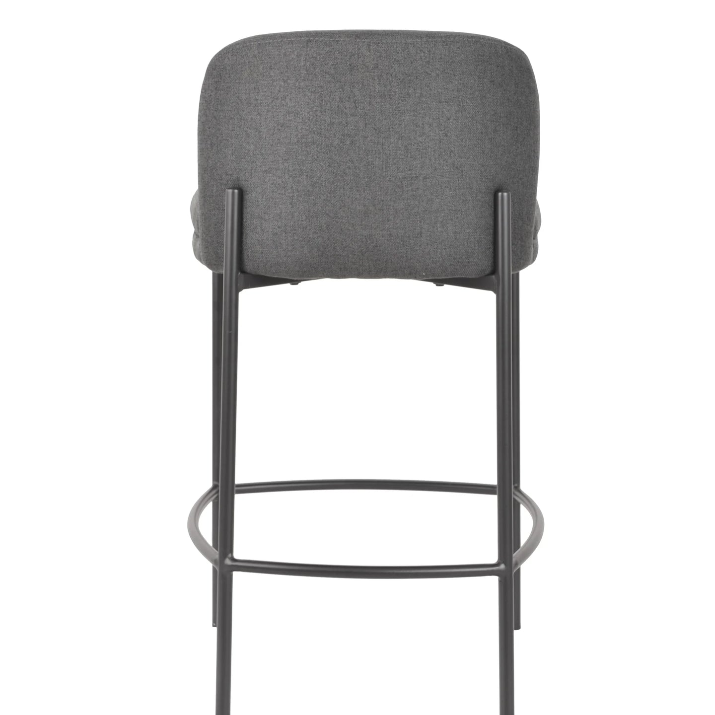A modern bar stool with a textured gray upholstered seat cushion and a dark metal frame with a footrest, shown against a plain white background.