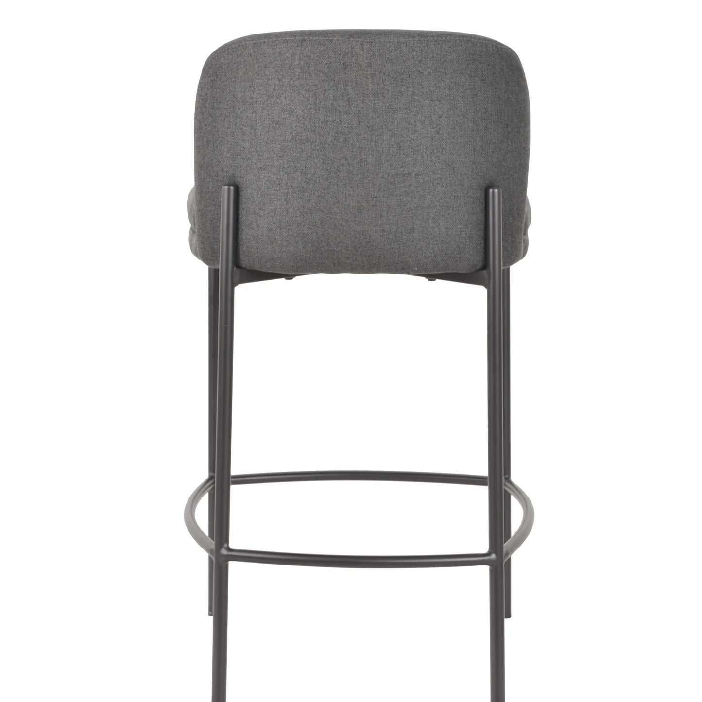 A modern bar stool with a textured gray upholstered seat cushion and a dark metal frame with a footrest, shown against a plain white background.