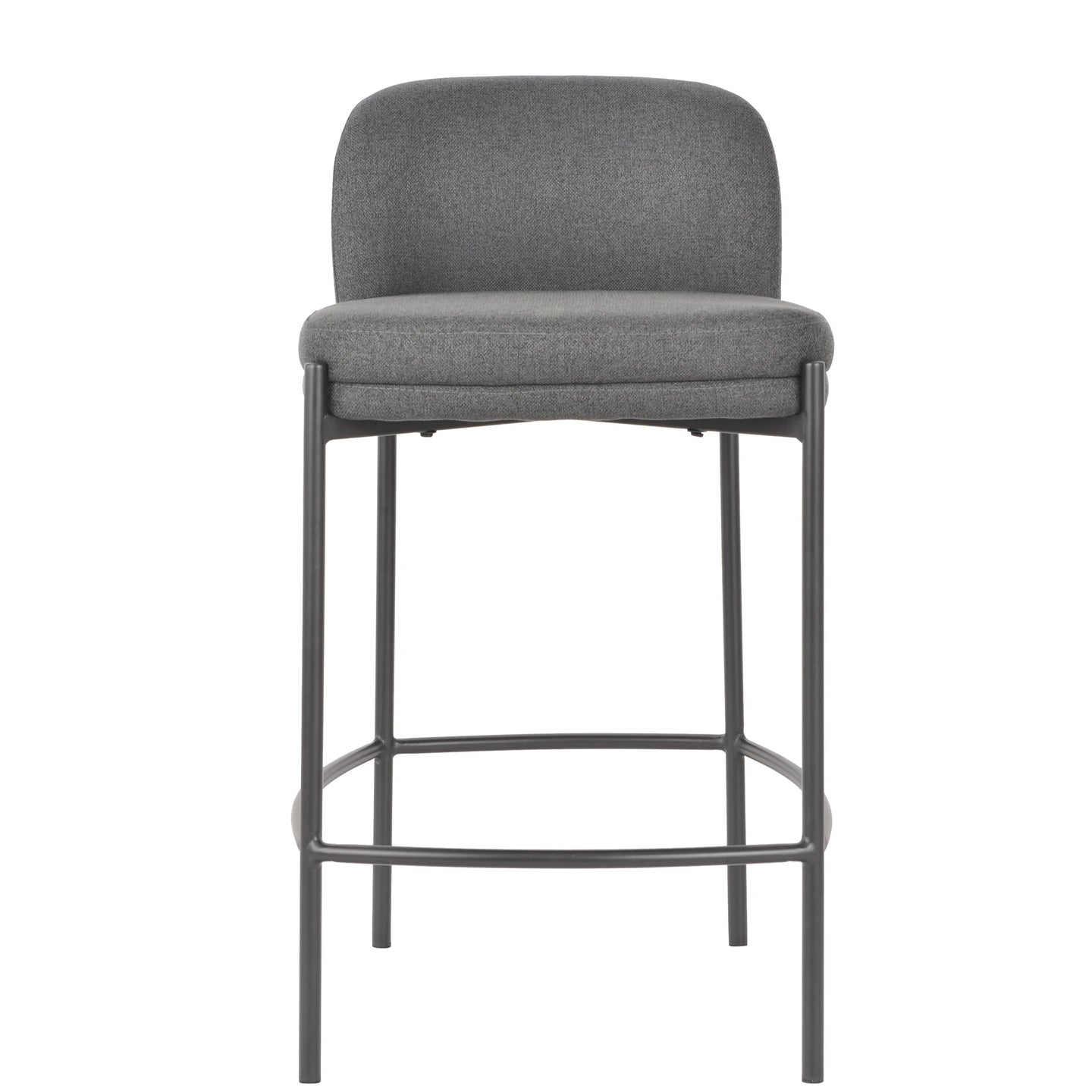 A modern bar stool with a gray upholstered seat and curved backrest, supported by a slim dark metal frame with a footrest.