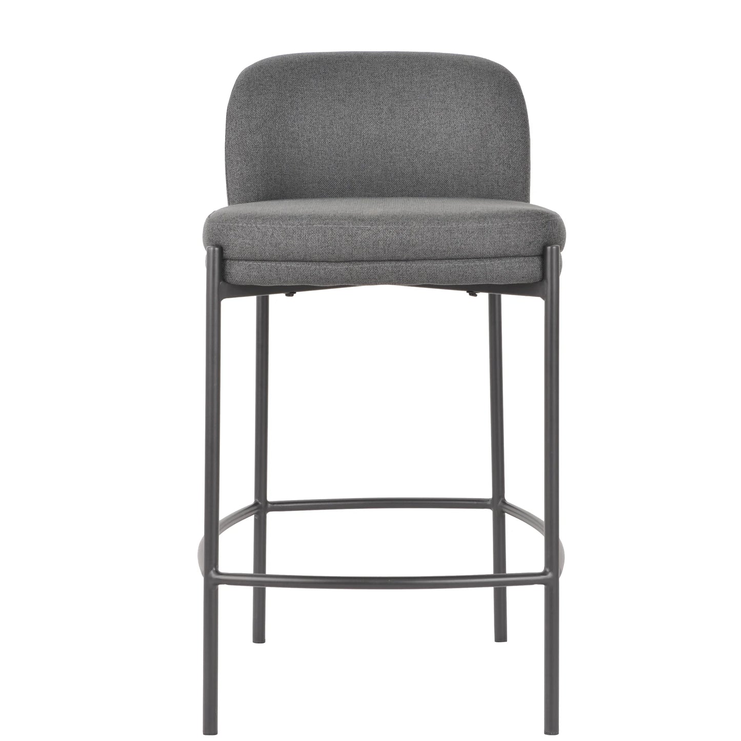 A modern bar stool with a gray upholstered seat and curved backrest, supported by a slim dark metal frame with a footrest.