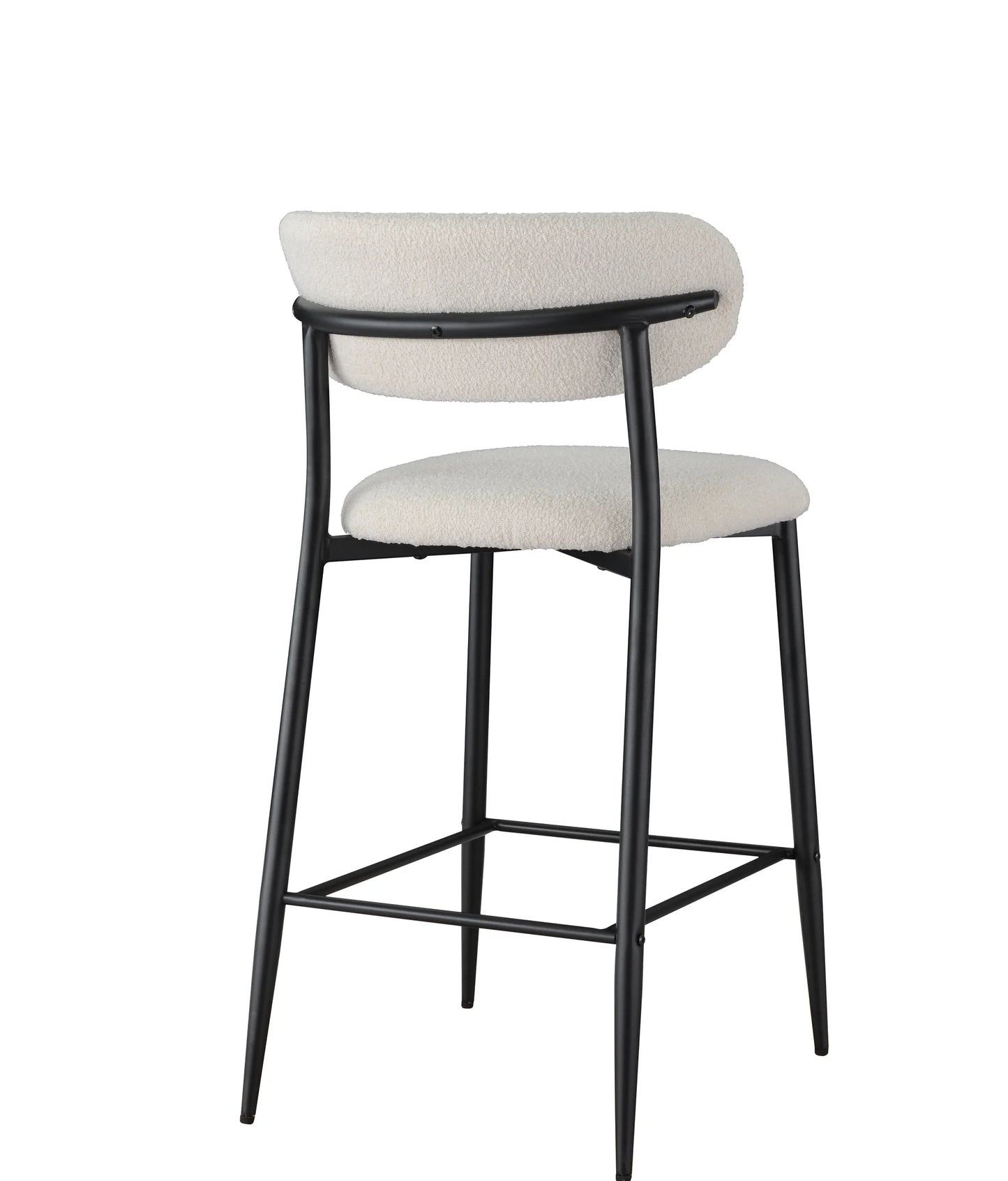 A modern counter-height bar stool with a textured off-white bouclé seat and curved backrest, supported by a slim black metal frame with a footrest, shown against a plain white background.
