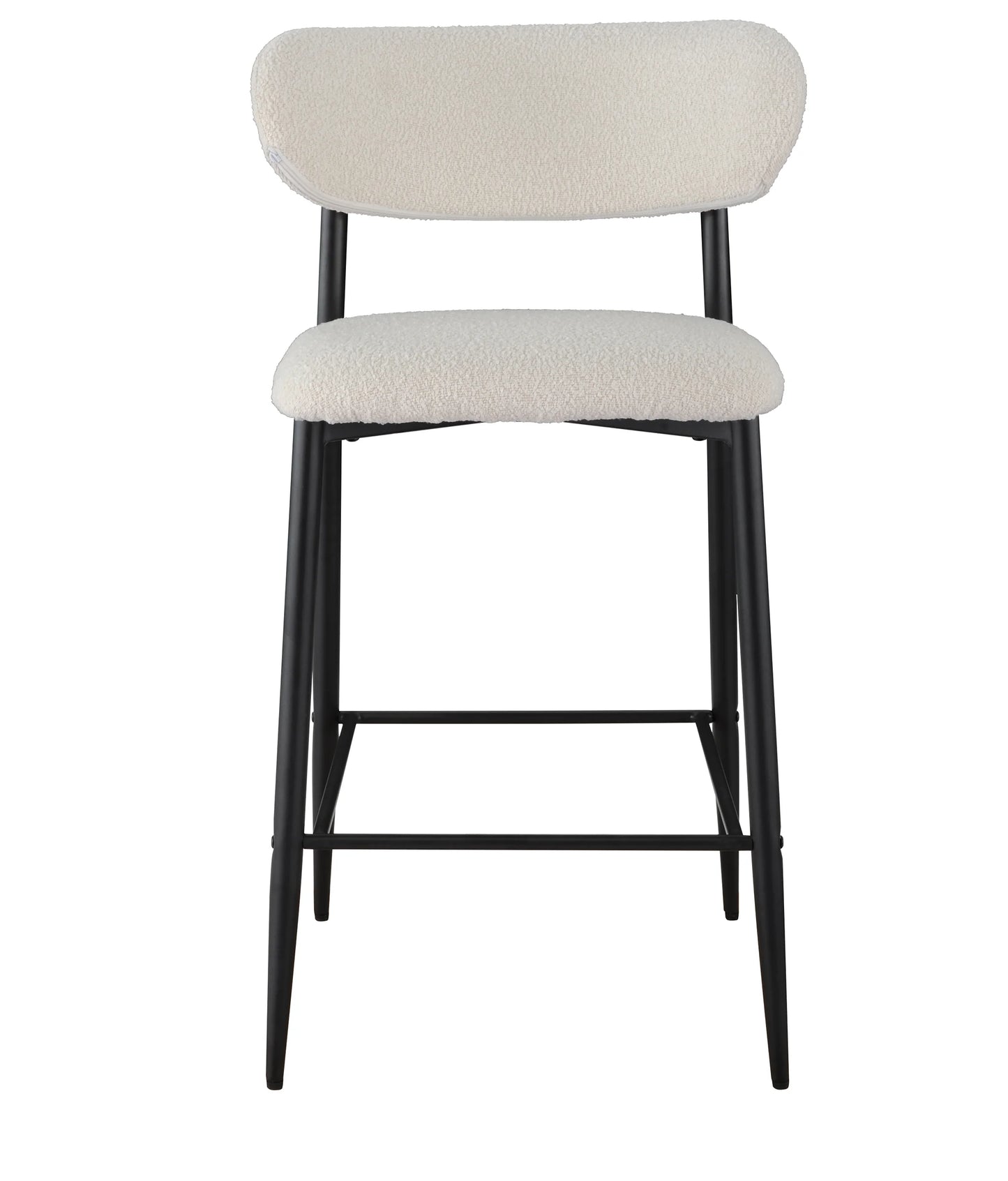 A modern bar stool with a textured cream boucle upholstered seat and curved backrest, supported by a slim black metal frame with tapered legs and a footrest.
