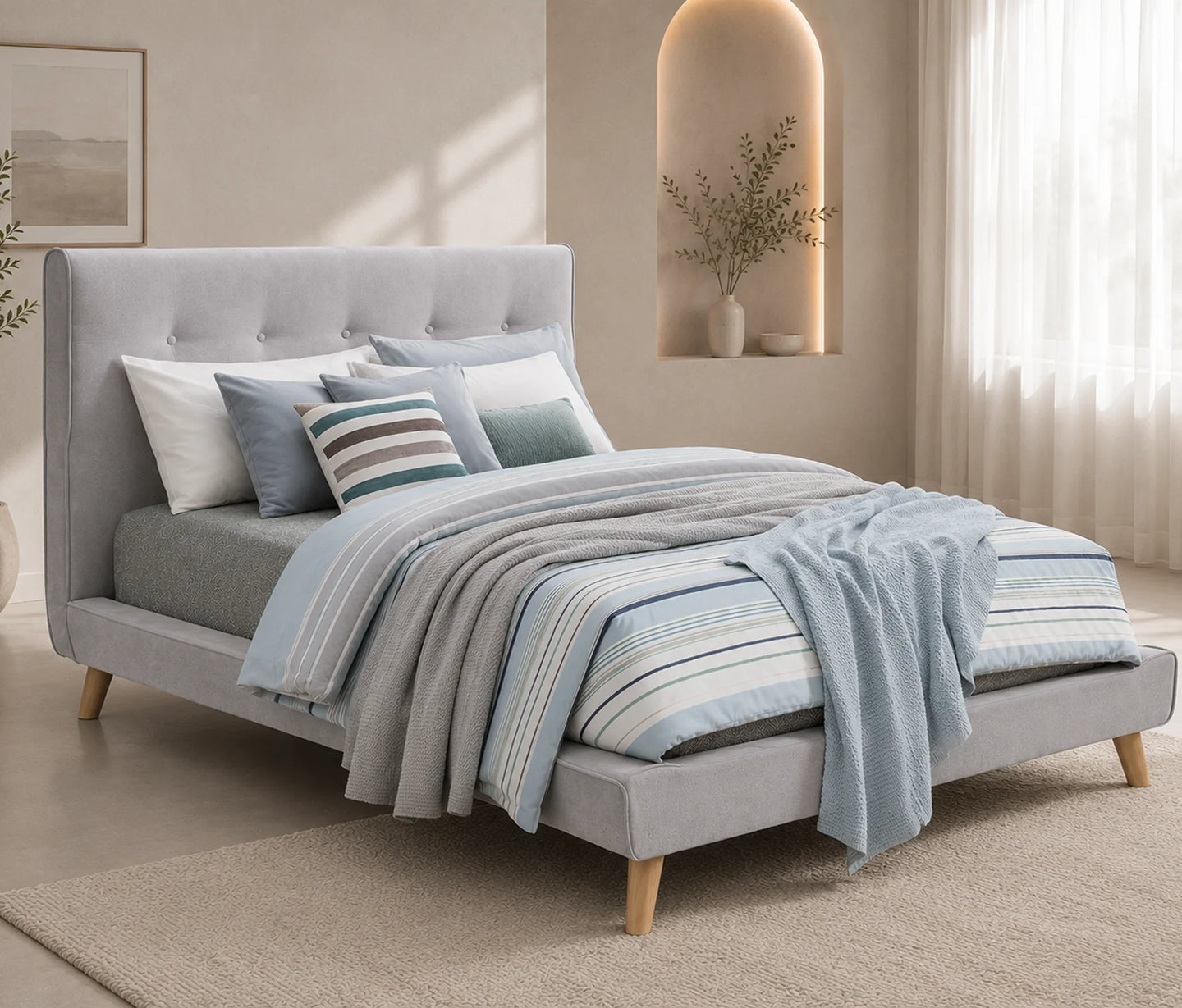 A light gray upholstered bed with a tall tufted headboard and wooden legs, styled with blue and gray striped bedding and pillows in a softly lit bedroom.