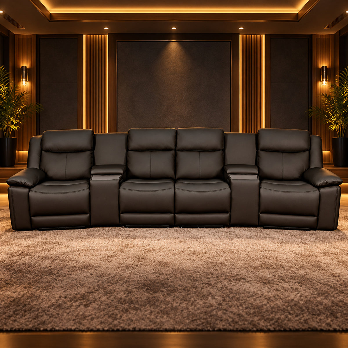 Nelson Black 4 seater home theatre recliner lounge with high backs, two centre consoles and triple motor electric reclining, front view
