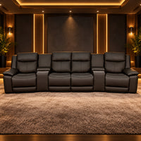 Nelson Black 4 seater home theatre recliner lounge with high backs, two centre consoles and triple motor electric reclining, front view