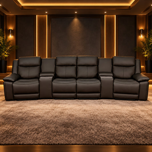 Nelson Black 4 seater home theatre recliner lounge with high backs, two centre consoles and triple motor electric reclining, front view